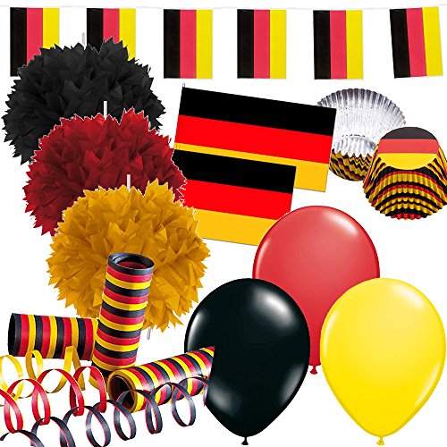 328-teiliges Dekoset * Deutschland * für eine Länder-Party // mit Fahnenkette + Fahnen + Pom-Poms + Muffin-Förmchen + Picker + Luftballons + Luftschlangen // Dekoration Mottoparty EM Fußball von Dekospass/Carpeta