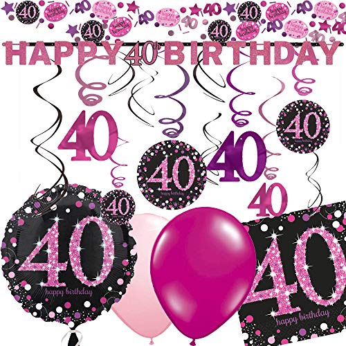 40. Geburtstag mit Deko-Set * Sparkling PINK * | 43 Teile mit Folienballon + Girlande + Deckendeko + Servietten + Konfetti + Luftballons | Vierzig Dekoration Party Set Pink Magenta Schwarz von Dekospass/Carpeta