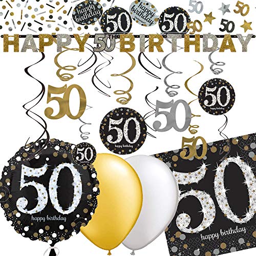 50. Geburtstag mit Deko-Set * Sparkling * | 43 Teile mit Folienballon + Girlande + Deckendeko + Servietten + Konfetti + Luftballons | 50 Dekoration Party Set Schwarz Gold Silber von Dekospass/Carpeta