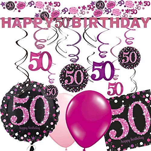 50. Geburtstag mit Deko-Set * Sparkling PINK * | 43 Teile mit Folienballon + Girlande + Deckendeko + Servietten + Konfetti + Luftballons | Fünfzig Dekoration Party Set Pink Magenta Schwarz von Dekospass/Carpeta