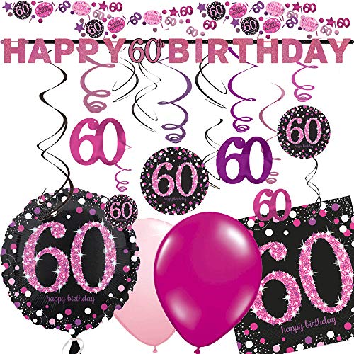 60. Geburtstag mit Deko-Set * Sparkling PINK * | 43 Teile mit Folienballon + Girlande + Deckendeko + Servietten + Konfetti + Luftballons | Sechzig Dekoration Party Set Pink Magenta Schwarz von Dekospass/Carpeta