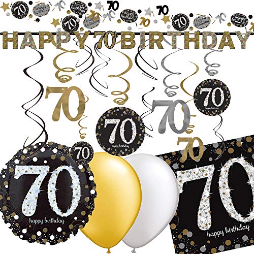 70. Geburtstag mit Deko-Set * Sparkling * | 43 Teile mit Folienballon + Girlande + Deckendeko + Servietten + Konfetti + Luftballons | 70 Dekoration Party Set Schwarz Gold Silber von Dekospass/Carpeta