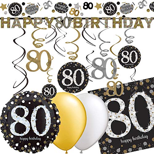 80. Geburtstag mit Deko-Set * Sparkling * | 43 Teile mit Folienballon + Girlande + Deckendeko + Servietten + Konfetti + Luftballons | 80 Dekoration Party Set Schwarz Gold Silber von Dekospass/Carpeta