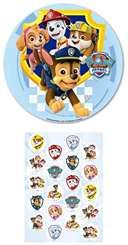 Dekozauber24 2er Set Paw Patrol Essbarer Tortenaufleger 20cm + 20x Mini-Törtchenaufleger, Tortendeko Kindergeburtstag essbar, Tortenbild Chase Skye Rubble Marshall von Dekozauber24