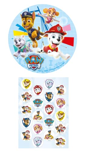 Dekozauber24 2er Set Paw Patrol Essbarer Tortenaufleger 16cm + 20x Mini-Törtchenaufleger, Tortendeko Kindergeburtstag von Dekozauber24