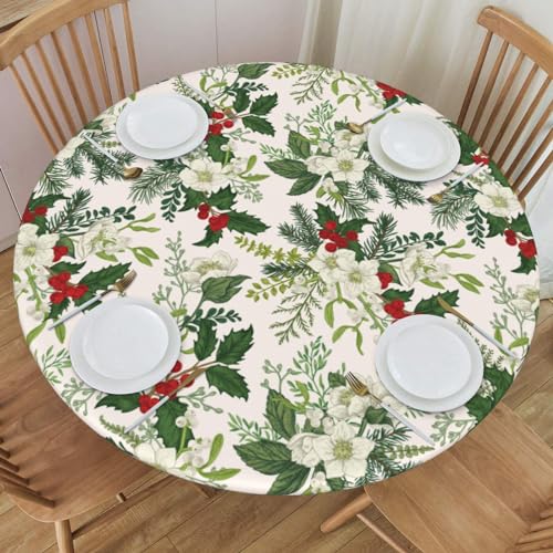 Delerain Weihnachtliche Winter-Tischdecke mit Blumenmuster, wasserdicht, runde Tischdecke mit elastischem Rand, waschbare Tischdecke für drinnen und draußen, passend für Tische mit 101,6 cm - 111,8 cm von Delerain