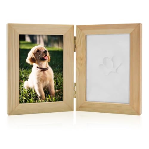 Delgeo Pfotenabdruck-Set für Hund und Katze, Tier-Handabdruck-Set, Hölzerner Hundefotorahmen, Tischdekoration für Desktop (Zwei Gold) von Delgeo