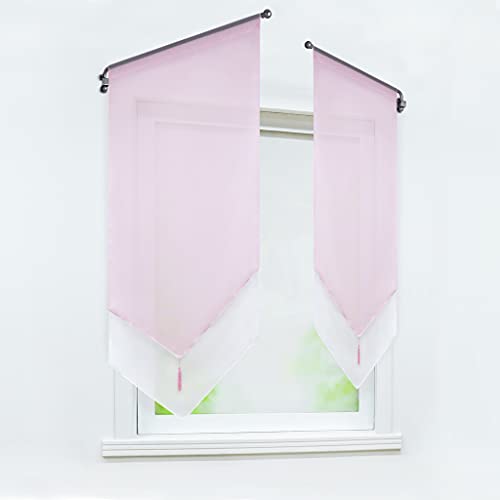 Delien Scheibengardine Modern Kurzstores Voile Türgardine Bistrogardinen Zweifarbig Gardinen Doppelschicht Kurzgardinen mit Quaste Vorhang Kurz mit Tunnelzug BxH 60x90cm,Rosa von Delien