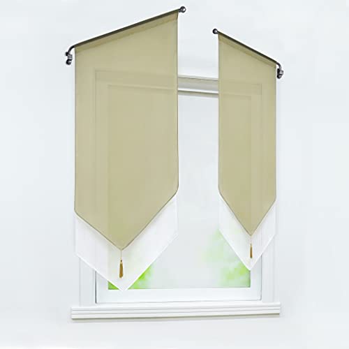 Delien Scheibengardine Modern Kurzstores Voile Türgardine Bistrogardinen Zweifarbig Gardinen Doppelschicht Kurzgardinen mit Quaste Vorhang Kurz mit Tunnelzug BxH 80x150cm,Sand von Delien