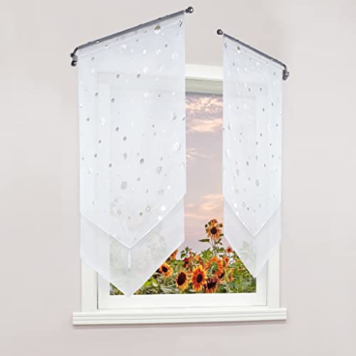 Delien Scheibengardinen 1 stück Voile Bistrogardinen Transparente Gardinen Doppelschicht Kurzgardinen mit Quaste »Bubble« Kurzstores Kurzvorhang mit Durchstangenzug BxH 60x90cm,Silber von Delien