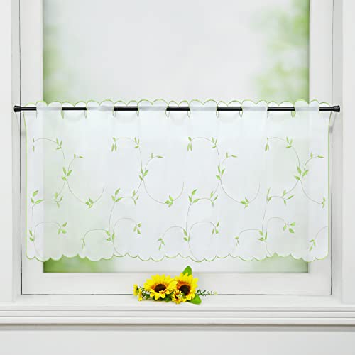 Delien Voile 1 stück Kurzgardinen Bistrogardine Scheibengardinen Kurzstores Stickerei für Küche »Buntes Fallen« Transparente Durchstangenzug Kurzvorhang mit Blattmuster BxH 90x45cm,Grün von Delien