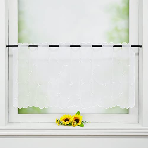 Delien Voile 1 stück Kurzgardinen Bistrogardine Scheibengardinen Kurzstores Stickerei für Küche »Buntes Fallen« Transparente Durchstangenzug Kurzvorhang mit Blattmuster BxH 90x45cm,Weiß von Delien
