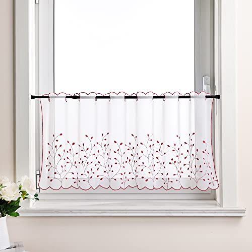 Delien Voile 1 stück Scheibengardinen Kurzgardinen Stickerei Bistrogardine »Grünland« Transparente Kurzstores Durchstangenzug Kurzvorhang mit Grasmuster Blattmuster für Küche BxH 140x60cm,Rot von Delien