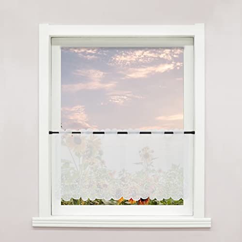 Delien Voile Scheibengardinen Bistrogardine mit Stickerei Kurzgardinen Küchen Kurzstores »Blumenbeet« Transparente Durchstangenzug Gardine Kurzvorhang mit Blumenmuster 1 Stück BxH 120x30cm,Weiß von Delien
