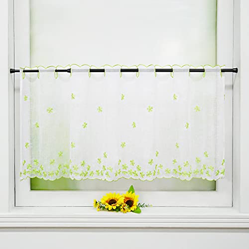 Delien Voile Scheibengardinen Kurzgardinen Stickerei Bistrogardine »Fallende Blumen« Transparente Kurzstores Durchstangenzug Kurzvorhang mit Blumenmuster für Küche 1 Stück BxH 120x45cm,Grün von Delien