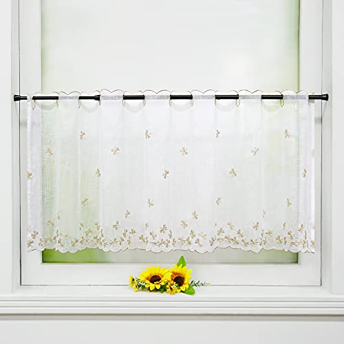 Delien Voile Scheibengardinen Kurzgardinen Stickerei Bistrogardine »Fallende Blumen« Transparente Kurzstores Durchstangenzug Kurzvorhang mit Blumenmuster für Küche 1 Stück BxH 120x45cm,Sand von Delien