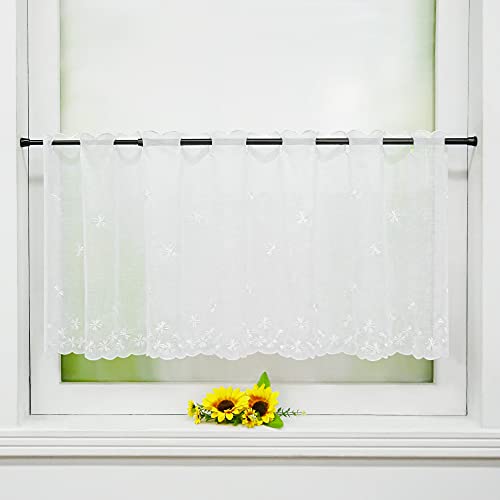 Delien Voile Scheibengardinen Kurzgardinen Stickerei Bistrogardine »Fallende Blumen« Transparente Kurzstores Durchstangenzug Kurzvorhang mit Blumenmuster für Küche 1 Stück BxH 90x30cm,Weiß von Delien