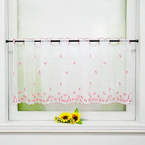 Delien Voile Scheibengardinen Kurzgardinen Stickerei Bistrogardine »Fallende Blumen« Transparente Kurzstores Durchstangenzug Kurzvorhang mit Blumenmuster für Küche 1 Stück BxH 90x45cm,Rosa von Delien