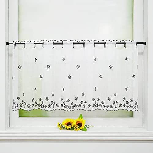 Delien Voile Scheibengardinen Kurzgardinen Stickerei Bistrogardine »Fallende Blumen« Transparente Kurzstores Durchstangenzug Kurzvorhang mit Blumenmuster für Küche 1 Stück BxH 90x60cm,Grau von Delien