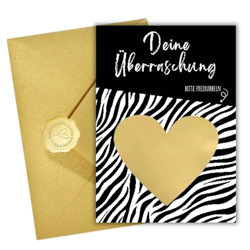 DIY Rubbelkarte – 1er-Set im stilvollen Zebra-Design – Mit goldenem Rubbelherz, edlem Gold-Umschlag & Siegelsticker – Personalisierbarer Gutschein & geheime Botschaft für besondere Überraschungen von Delis Designs