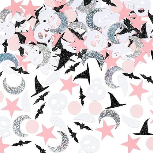100 Stück Halloween Fledermaus Geist Konfetti – Rosa und Schwarz Halloween Konfetti Funkelnde Boo Fledermaus Geist Kürbis Babyparty Geburtstag Tischdekorationen verstreut auf Halloween Party Tischen von Delphinus