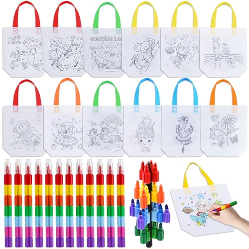 Delsen DIY Kinder Stoffbeutel Set, 12 Stück Stoffbeutel zum Bemalen für Kinder und 12 Stück Stapelbare Wachsmalstifte(7 Farben in 1), Non-Woven kinder stoffbeutel set für kindergeburtstag von Delsen