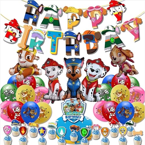 Dog Patrol Geburtstag Luftballons, Deluisho Paw Dog Patrol Geburtstag Deko, Kindergeburtstag Deko Cartoon Dog Luftballons Happy Birthday Banner, Big Dog Aluminiumfolie Ballon von Deluisho