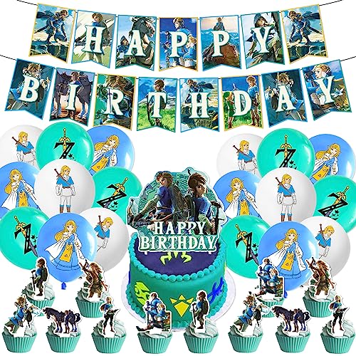 Deluisho Zelda Geburtstagsparty Dekoration, Zelda Party Supplies, Beliebtes Spiel Ballon Kindergeburtstag Party Dekoration Set Flagge Ziehen Latex Aluminiumfolie Ballon Kombination von Deluisho