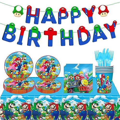 Deluisho Super Mario Geburtstag Deko, 82PCS Mario Ballon Super Mario Kindergeburtstag Party Geschirr Dekoration Mario Spiel Papier Platte Tischtuch von Deluisho