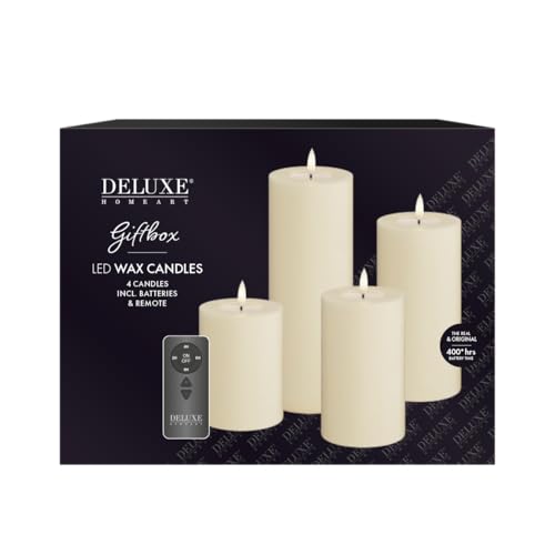 Deluxe Homeart Flammenlose LED-Geschenkbox für den Innenbereich, 4er-Set, mit Fernbedienung und Batterien, Real Flame™️ Technologie, batteriebetriebene Kerzen (cremefarben) von Deluxe Homeart