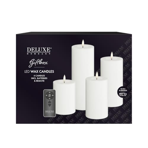 Deluxe Homeart Flammenlose LED-Geschenkbox für den Innenbereich, 4er-Set, mit Fernbedienung und Batterien, Real Flame™️ Technologie, batteriebetriebene Kerzen (weiß) von Deluxe Homeart