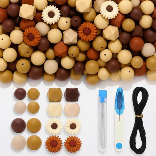 Demarsen Silikonperlen Set,Bunt Gänseblümchen Bastelperlen Bulk für Heimwerker Schlüsselanhänger, Schmuckherstellung,Halsketten,Armbänder,Stifte (Braun) von Demarsen