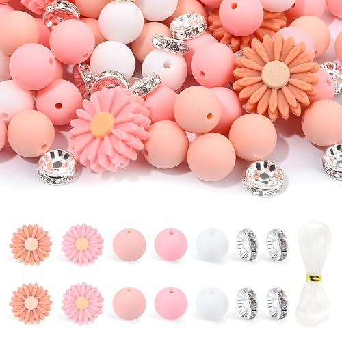 Demarsen 80 Stück Silikonperlen Set Blumen Perlen Rund Lose Silikonperlen Bunte Bastelperlen mit Löchern für Heimwerker Schlüsselanhänger Armbänder Halsketten Schmuckherstellung (Rosa) von Demarsen