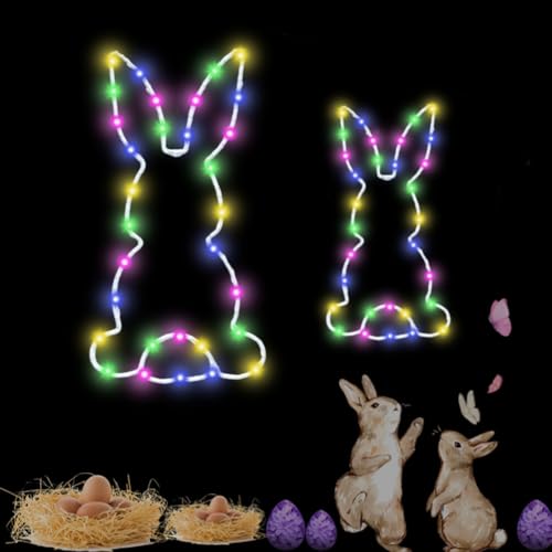 2 Stück LED Osterhase Lichterkette mit Saugnapf, Süßes Fenster Licht Osterbeleuchtung, Mit Timer, Leuchtende Osterdeko Kaninchen Anhänger für Ostern Deko (A) von Demiawaking