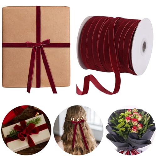 50 Yards Vintage Weihnachts-Samtband, Weihnachtsbänder, 3/8'' Breit, Schleifenband Schmuckband Geschenkband Dekoband für Weihnachtsdeko, Geschenkverpackung, Hochzeit (Weinrot) von Demiawaking
