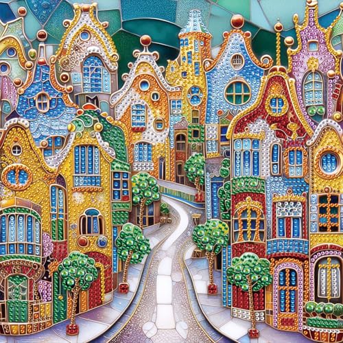 5D DIY Teilbohrer Diamond Painting Bilder Abstrakt Kit, Diamant Malerei Straße und Haus Set, Diamant Painting Kinder Set 30x30cm (J) von Demiawaking