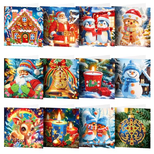 DIY 5D Diamond Painting Grußkarte mit Umschlag, 5D Diamant Malerei Weihnachten Karten Geburtstag Karte Weihnachtskarte Diamant Painting Geschenkkarte Weihnachtsdeko (12Pcs C) von Demiawaking