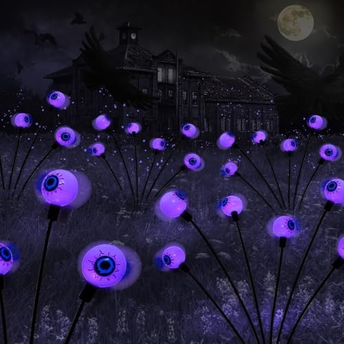 Demiawaking 2 Packung Halloween Deko Outdoor, Solarleuchte Solar LED gruselige Augapfel Halloween Lichterkette, IP65 wasserdichte Solarlampen für Hof/Garten/Rasen/Party-Deko (10LED, Lila) von Demiawaking