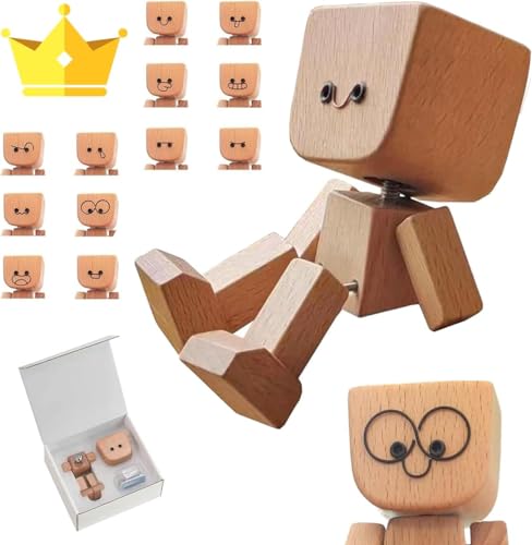 Demiawaking Schüttelnde Holzmann-Figur, handgefertigte Holzfigur Holz Auto Deko mit zitternden Füßen für Armaturenbrett mit 12 magnetischen Ausdrücken, Wackelkopf Tischdeko (1 Pack) von Demiawaking