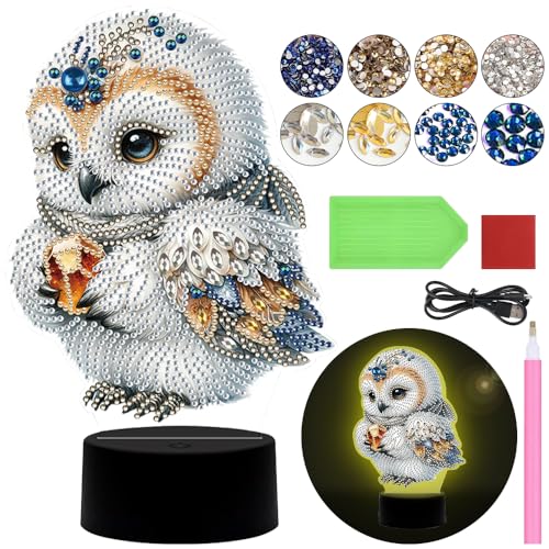 Diamond Painting Nachtlicht Tischdeko Tiere, Diamant Malerei Nachttischlampe Tischlampe LED Deko Eule Schmetterling Set, DIY 5D Diamant Painting Lampe für Kinder Geburtstag Geschenke (Eule 01) von Demiawaking