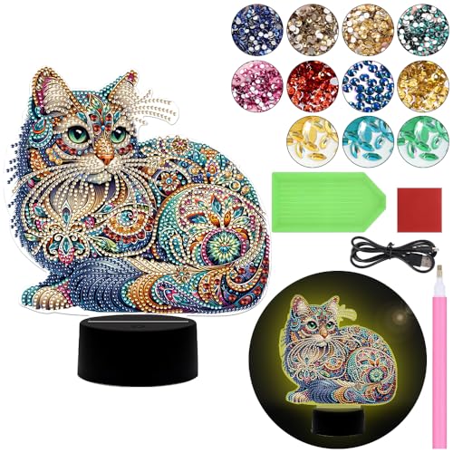 Diamond Painting Nachtlicht Tischdeko Tiere, Diamant Malerei Nachttischlampe Tischlampe LED Deko Set, DIY 5D Diamant Painting Lampe für Kinder Geburtstag Geschenke (Katze) von Demiawaking