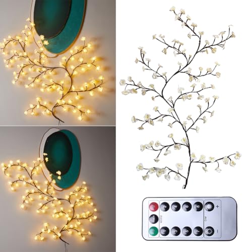 LED Kirschblüten Zweige Lichter, Kirschblüten LED Wand, Sakura Vine Wand Deko, Warmweiss Rattan Lichterkette Wanddeko mit Fernbedienung für Schlafzimmer Deko Weinachtsdeko (Creme, 96LEDs, 1.8Meter) von Demiawaking