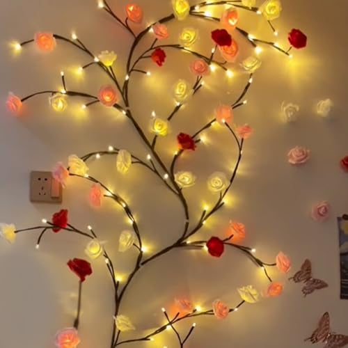 LED Weinreben Zweige Lichter, Weinreben Wand, LED Rattan Vine Wand Deko, Warmweiss Rattan Lichterkette Wanddeko mit Fernbedienung für Schlafzimmer Deko Weinachtsdeko (Rose, 96LEDs, 1.8Meter) von Demiawaking