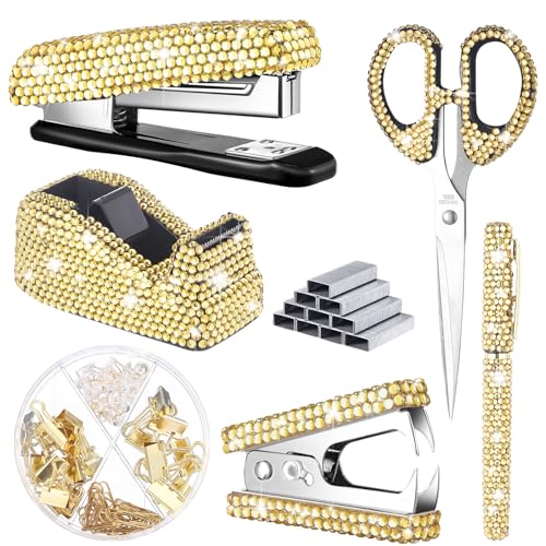 Demissle Bling Büro-Schreibtisch-Zubehör-Set, Kristall-Schul-Schreibwaren-Set, Scherenhefter mit Heftklammer, Klebebandspender, Diamantstift, Heftklammerentferner, Binderclip, Büroklammer, Reißzwecken Demissle Bling Büro-Schreibtisch-Zubehör-Set, Kristall-Schul-Schreibwaren-Set, Scherenhefter mit Heftklammer, Klebebandspender, Diamantstift, Heftklammerentferner, Binderclip, Büroklammer, Reißzwecken von Demissle