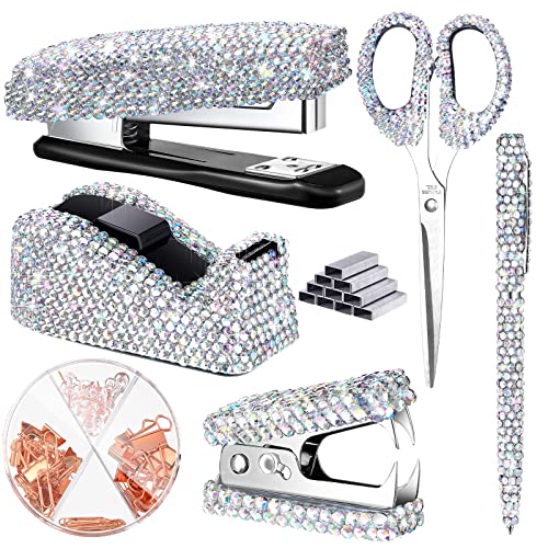 Demissle Glitzerndes Büro-Schreibtisch-Zubehör-Set, Kristall, Schulanfang, Schreibwaren-Set, Scherenhefter mit Heftbandabroller, Diamantstift, Heftklammerentferner, Binderclip, Büroklammern Demissle Glitzerndes Büro-Schreibtisch-Zubehör-Set, Kristall, Schulanfang, Schreibwaren-Set, Scherenhefter mit Heftbandabroller, Diamantstift, Heftklammerentferner, Binderclip, Büroklammern von Demissle