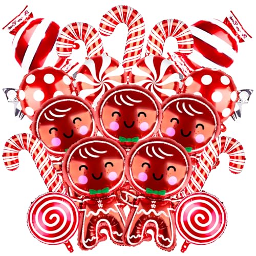 18 Stück Weihnachtsballons Dekorationen Große Lebkuchenmann Zuckerstangen Lutscher Ballons Süßigkeiten Thema Folie Mylar Ballons für Weihnachten Geburtstag Neujahr Party Dekorationen von Demonwer
