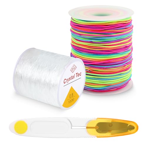 Dengthrive Elastisches Band für Armbänder: 1 Rollen Gummiband für Armbänder 1 mm x 100 m und 1 Rollen Armband Schnur 0.8mm x 100 m mit Schere für Kind DIY Handwerk Schmuck Armbänder Halsketten von Dengthrive