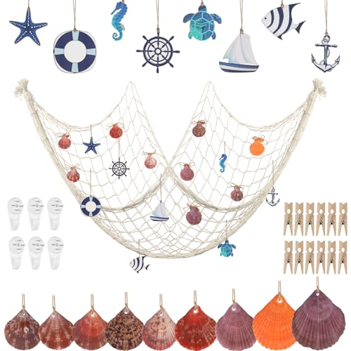 Dengthrive Fischernetz Deko Maritime Dekoration: 1.5M*2M Deko Fischernetz mit Muscheln Bildaufhänger Holzklammern Steuerrad Segelboot für Maritim Party Wand Home Hochzeits Dekoration von Dengthrive