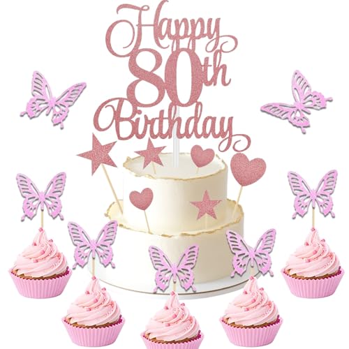 Denipry Tortenaufsatz zum 80. Geburtstag, glitzerndes Herz, Stern, Schmetterling, Roségold, Kuchenaufsatz für 80. Geburtstag, Partyzubehör und Kuchendekoration von Denipry
