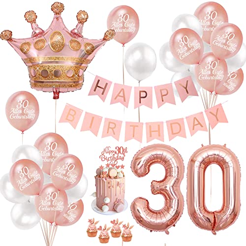 30 Geburtstag Frauen Deko Rosegold, Geschenk für 30. Geburtstag Mädchen mit Happy Birthday Banner, Folienballons 30, Luftballons Rosegold Weiß, Tortendeko zum 30. Geburtstag… von Deo Doo